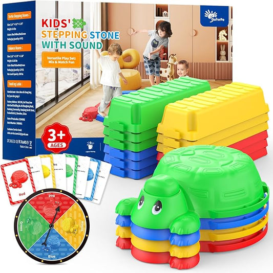 16 Pcs Balance Beam and Stepping Stones for Kids - 4 Turtle Shape Stepping Stones and 12 Connectable Beams with Sound Feature,Color Spinner, Riddle Cards, Fun Balance Training and Obstacle Course