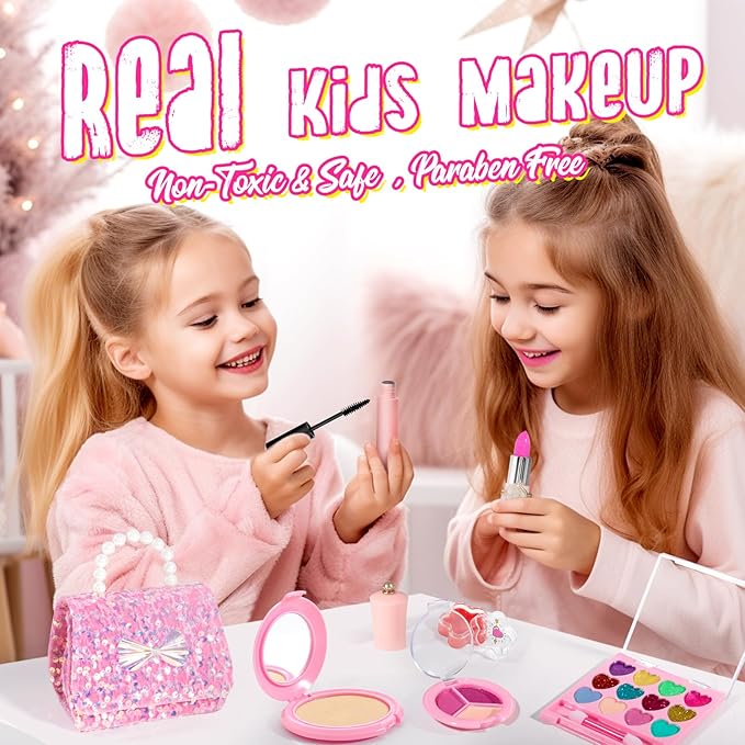 ULOVEME Kids Real Makeup Kit for Little Girls - Real, Non Toxic, Washable Make Up Toy - Umicorn Toys Gift for 3 4 5 6 7 8 9 10 12 Years Old Girls Birthday (Sequin Purse)