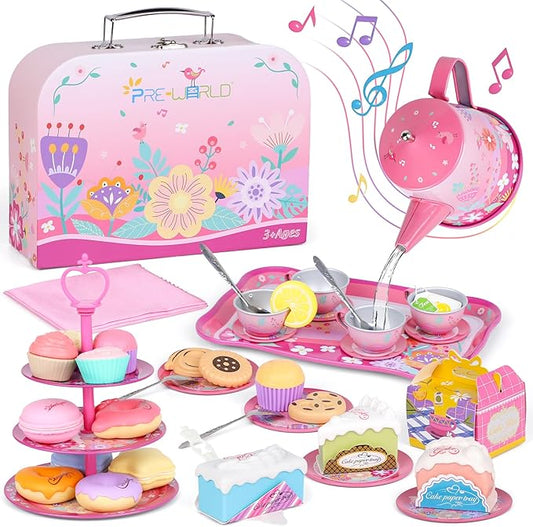 Tea Party Set for Toddles 3-5,PRE-WORLD Musical Kids Tea Set for Little Girls with Dessert,Cookies,Doughnut,Cake,Cake Stand,Tablecloth & Carrying Case,Kitchen Pretend Play Toys for Girls Boys Age 3-6