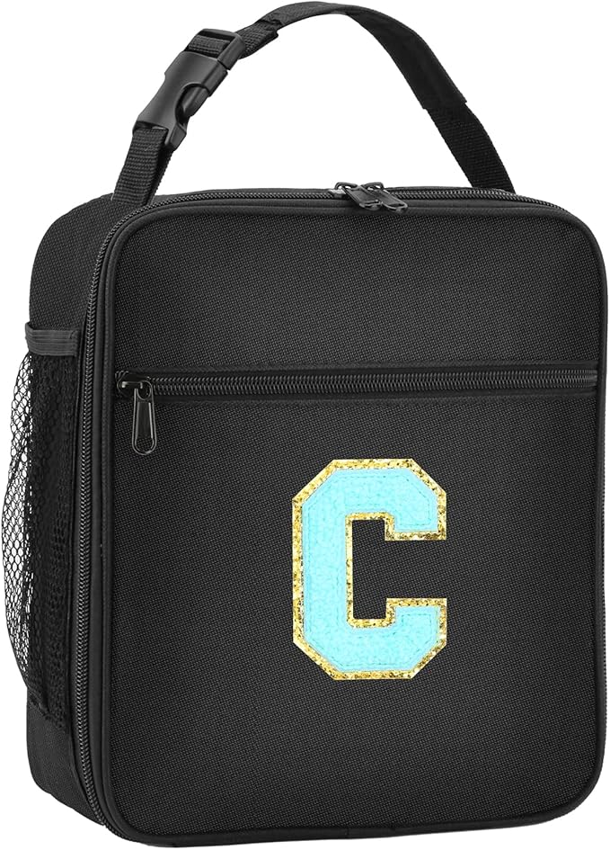 Initial Insulated Lunch Bag, Lunch Box with Initial Letter Patch for Teen Adult, Reusable Lunch Bag for Men Women, Ideal Back to School Gift Birthday Gift, Blue C
