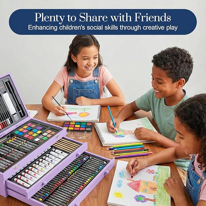 194 Piece Deluxe Art Set, Painting Drawing Art Supplies with 4 Drawing Pads, Acrylic Paints, Crayons, Colored Pencils Set in Wooden Case, Art Kit Gift Box for Kids, Teens, Adults, Artists, Beginners