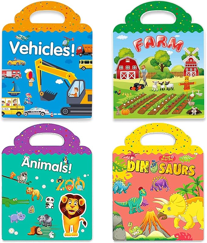 Reusable Sticker Books for Kids, 4 Sets Removable Toddler Sticker Book for Girls Boys Educational Learning Toys - Vehicle, Farm, Dinosaur & Zoo Animal