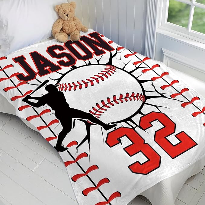 Personalized Baseball Blankets with Name Numbers, Custom Baseball Team Game Throw Flannel Blankets Stuff Gifts for Boys Sports Lover Fans Kids Adult
