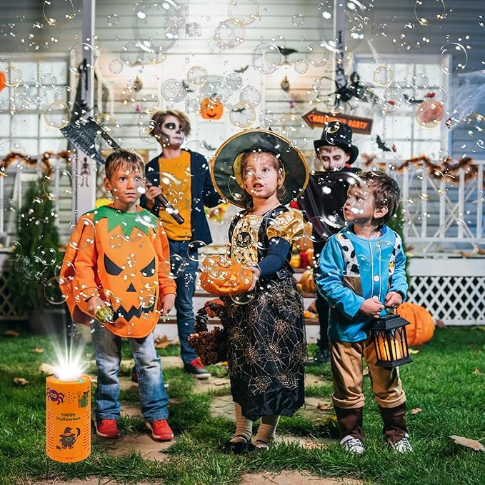 Halloween Bubble Machine, Automatic Fireworks Bubble Blower with Spooky Sound & Dazzling Lights, Portable Bubble Maker Toys with DIY Stickers for Kids Halloween Party Fun (Halloween)