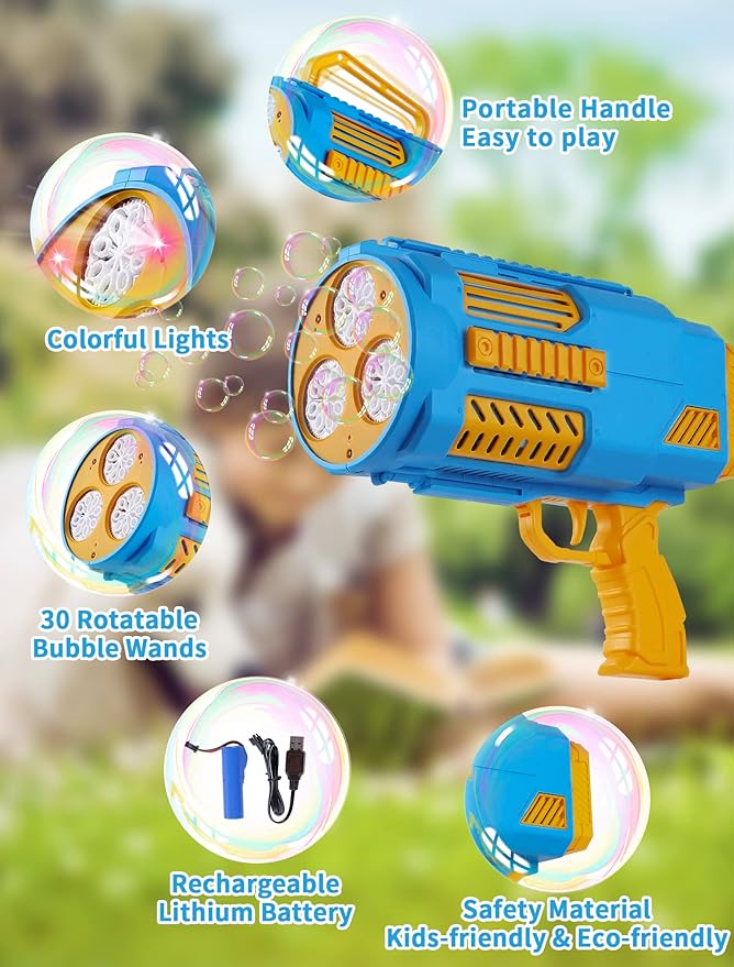 Upgraded Bubble Machine Gun, Built-in Solution, Automatic Blower, 8000+ Bubbles Per Minute for Kids Adults Maker Halloween Toys Indoor Outdoor Wedding Birthday Party - Blue