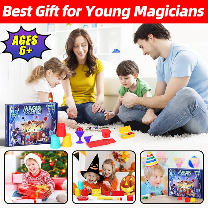 Magic Tricks Kit, 30 in 1 Magic Tricks Set for Kids Age 6 7 8 9 10 11 12, Magician Costume for Pretend Play & Step-by-Step Video Instruction for Beginners, Christmas Halloween Birthday Gifts for Kids