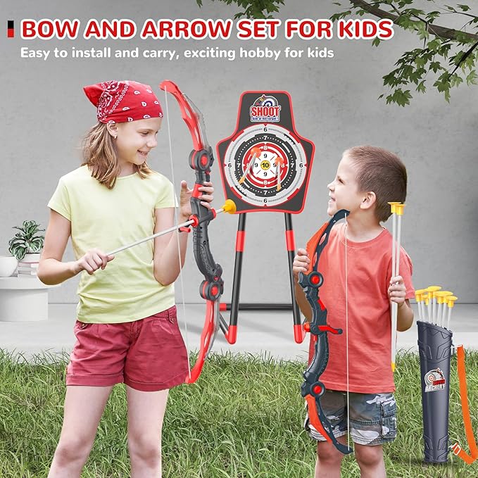 GMAOPHY 2 Pack Bow and Arrow Toy for 5 6 7 8 9 10 11 12 Year Old Boys, Birthday for Kids, Indoor Outdoor Sport Games Toys for Ages 4-8 8-12, LED Light Up Archery Set with 20 Toy Arrows (Red)