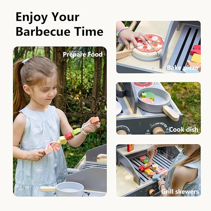 Wooden Kids Grill Playset – Realistic Play Barbecue Set with Grilling Tools and Foods – Pretend Grill Toy for Kids Ages 3+