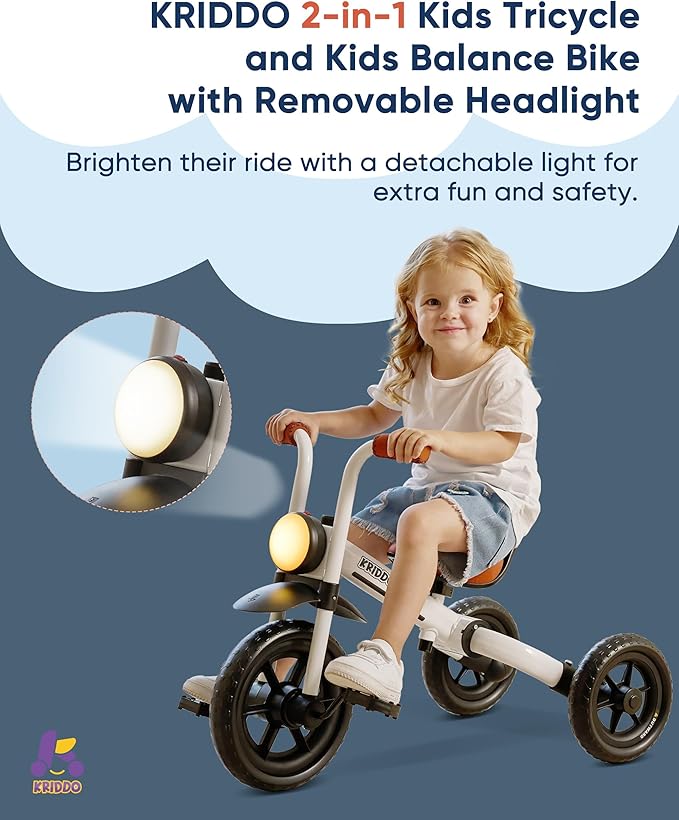 KRIDDO 2-in-1 Kids Balance Bike and Kids Tricycle for 2 to 5 Year Old, Toddler Balance Bike with Detachable Pedals, Tricycles for 3-5 Year Olds with Stitched Soft Grip, White