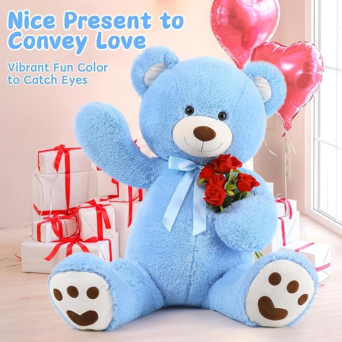 MorisMos Giant Teddy Bear Stuffed Animal 5ft, Large Stuffed Teddy Bear with Footprints, Life Size Big Blue Teddy Bear Plush Gifts for Wife, Girlfriend, Women on Valentine, Christmas, Baby Shower