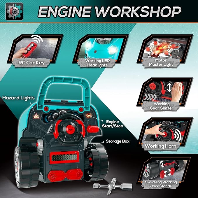 Qaba Truck Engine Toy, Kids Mechanic Set with Lights, Sounds, Steering Wheel and Horn, Pretend Car Service Station Play with 61-Piece Included, Toy Engine Building Kit for Kids Aged 3+, Blue