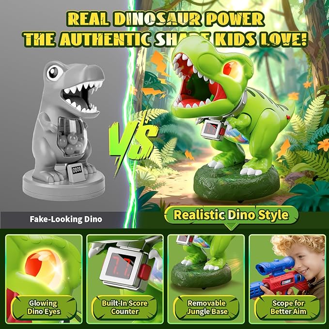 Realistic Dinosaur Moveable Shooting Toys, 2 Pack Launchers with Aiming, Roaring Dino Eyes & Belly Glow, LCD Score Record, Stocking Stuffers for Kids Toys Gifts for Boy Ages 3 4 5 6 7 8 9 10+ Year Old