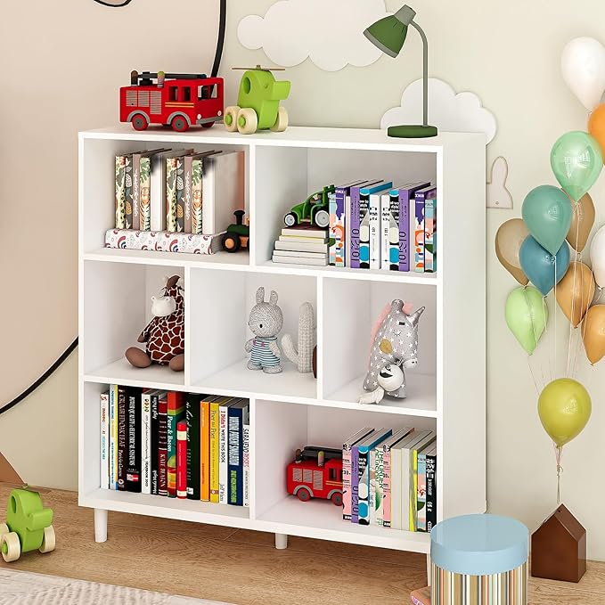 7 Cube Storage Organizer | Bookshelf with Legs|Wall Bookshelf| 3 Shelf Bookcase | -Cubic Storage Cabinet（Storing Books,Toys & More Easy to Install）