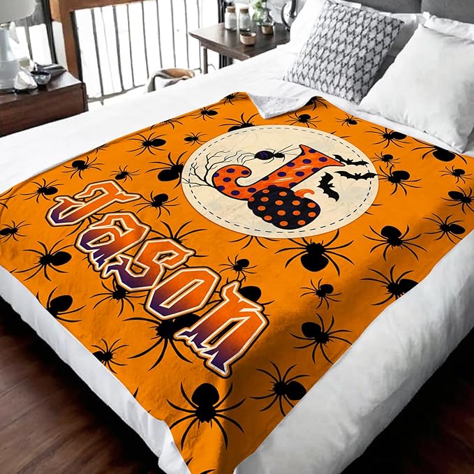 Halloween Blanket Gifts with Name Initial for Kids Boys Girls - Personalized Flannel Throw Blanket Soft Cozy Fuzzy - Halloween Blankets for Couch Sofa Bed Decor