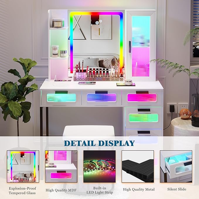 HNEBC White LED Vanity, Makeup Vanity with RGB Lights and 6 Drawers for Bedroom, Makeup Desk with USB/Wireless Charging, Dressing Table with Shelves/Cabins/Stool, Vanity Table Set as Gifts for Girls