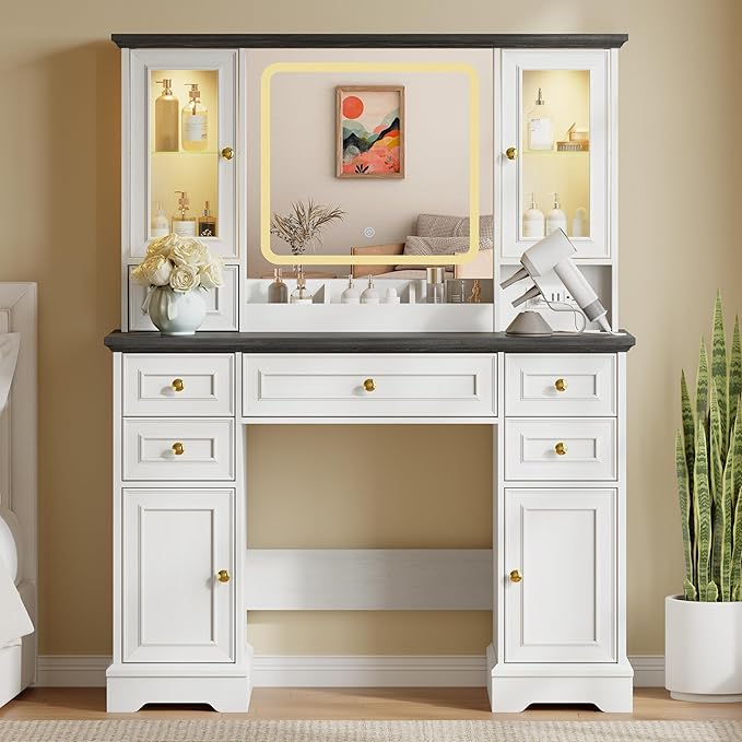 43'' Makeup Vanity with Mirror and Lights, Farmhouse Vanity Desk with Drawers & Charging Station, 3 Lighting Modes & Adjustable Brightness, Glass Cabinet, Dressing Table for Bedroom, White
