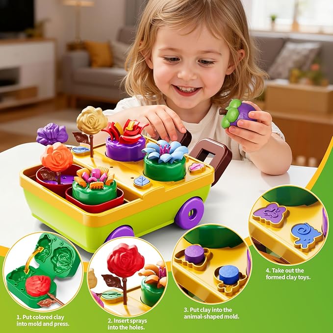 50PCS Play Clay Set Blooming Flower Garden Toy Playset for Kids 3-5, DIY Nature Kits, Pretend Kitchen Toys Accessories with Cart, Toy Dishes, Gifts for Girls Boys Toddlers Ages 3 4 5 6 7 8 9