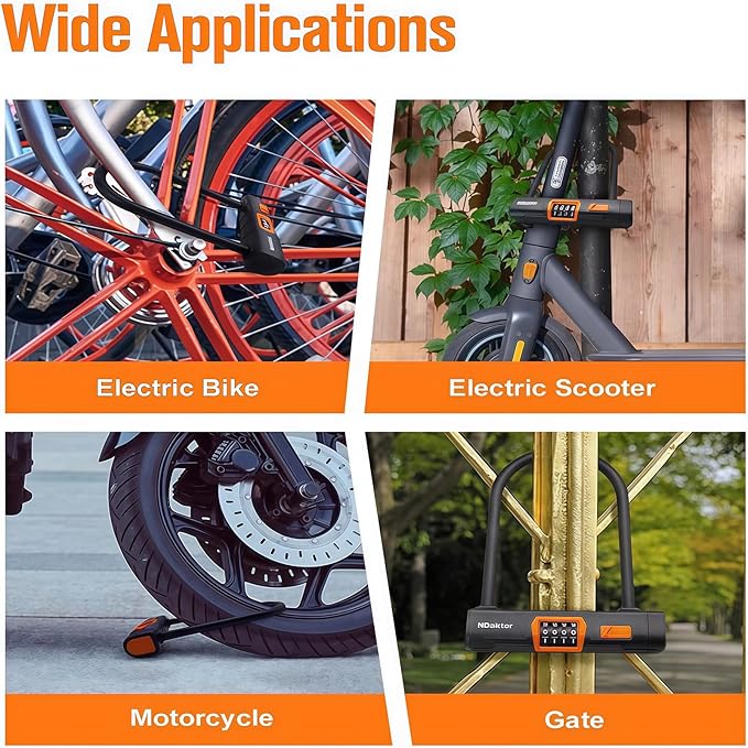 NDakter Bike Locks Heavy Duty Anti Theft, Combo Bike U Lock, 4-Digit Resettable Combination Bicycle Lock, Large U Shaped Ebike Lock with 5Ft Steel Cable for Electric Bike, Escooter, Motorcycle,Door