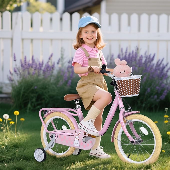 MEGHNA 16 inch Kids Bike Low - Step Through Frame Bike with Detachable Training Wheels Basket Adjustable Seat with Bell C Brake and Band Brake for 4-7 Years Old Child Boys Girls, Easy Ride