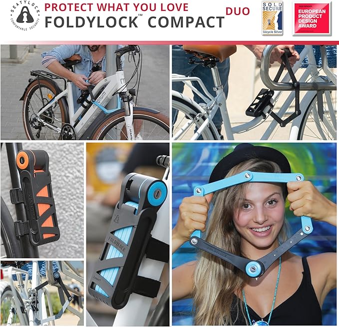 Seatylock FoldyLock Compact Folding Bike Locks - Set of 2 Matching Bike Locks with 6 Identical Keys - Patented Lightweight Heavy Duty Anti Theft with Carrying Cases for Bicycles and E-Bikes