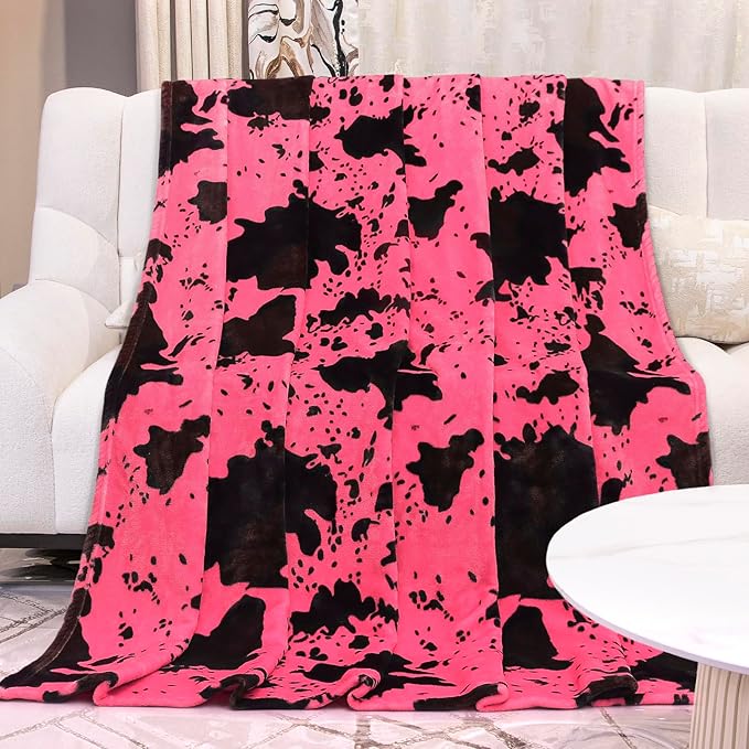 Hot Pink Blanket Queen Size - Extra Large Lightweight Soft Warm Cow Print Fleece Throw for Couch, Bed, Bedroom, Living Room, Home Decor 90x90 Inches