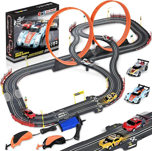 Slot Car Race Track Sets,2 in 1 Race Car Track with 4 High-Speed Slot Cars，Gift Toy for Boys Kids Ages 5 6 7 8-12,Dual Power (Source) Cars Track,Dual Racing Game Lap Counter Circular Overpass Track