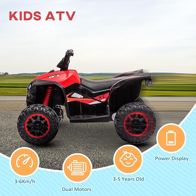 Aosom 12V Kids ATV Quad Car with Forward & Backward Function, Four Wheeler for Kids with Wear-Resistant Wheels, Music, Electric Ride-on ATV for Toddlers Ages 3+ Years Old, Red