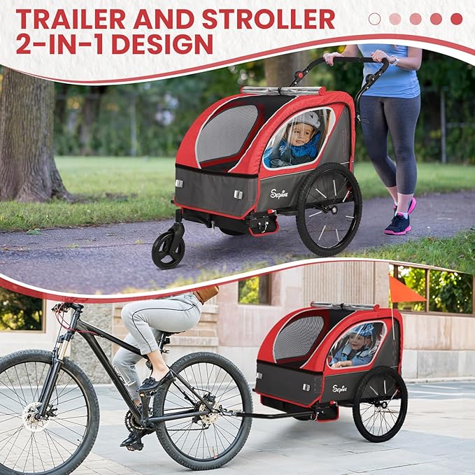 Sepnine Kids Bike Trailer, 2 in1 Canopy Carrier Converts to Pushcart Suitable for 1 to 2 Toddlers, Kids, Quick Attach to Bike, Foldable, with 5-Point Harness and Storage Bags
