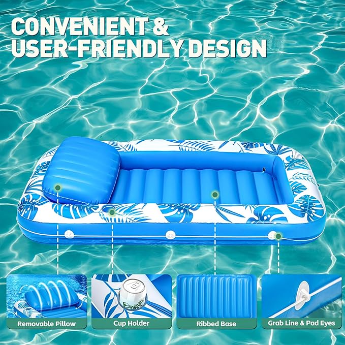 Pool Floats Inflatable Tanning Pool Lounger Float, 71" x 48" Large Pool Floats Adult with Pillow & Drink Holder,Sunbathing Water Lounge Floaties Tub Raft for Lake, Backyard, Beach Pool Party