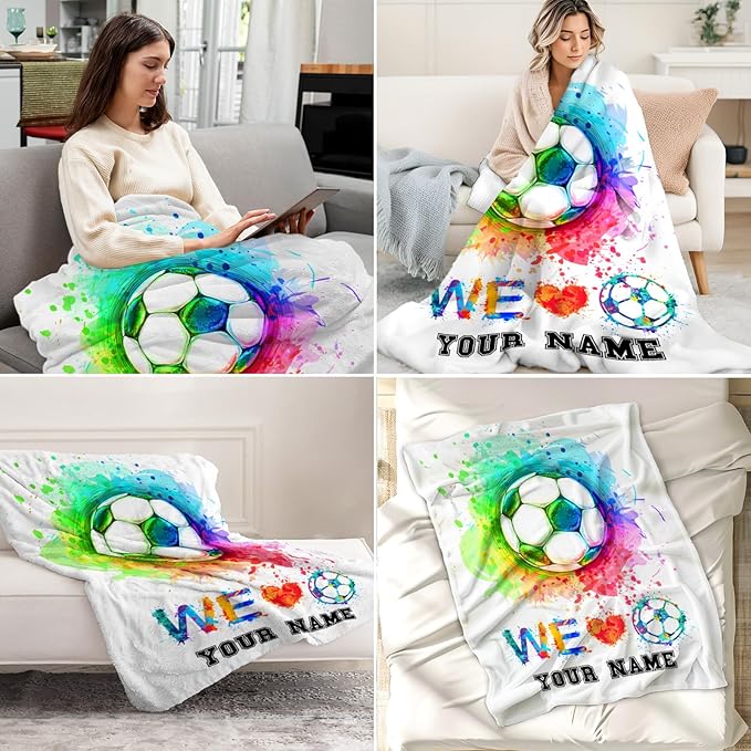 Personalized Soccer Throw Blanket with Name - Soft, Fuzzy & Warm - 60x80 Inches Twin Size Blanket for Couch, Office - Colorful Cute Throw Gift for Girls, Boys