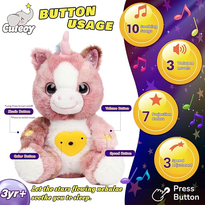 Cuteoy Plush Dirty Pink Unicorn Star Projector Musical Adjustable Singing Night Light Stuffed Animals Glowing Plushies Toy Gifts for Kids Birthday Easter Christmas,12''