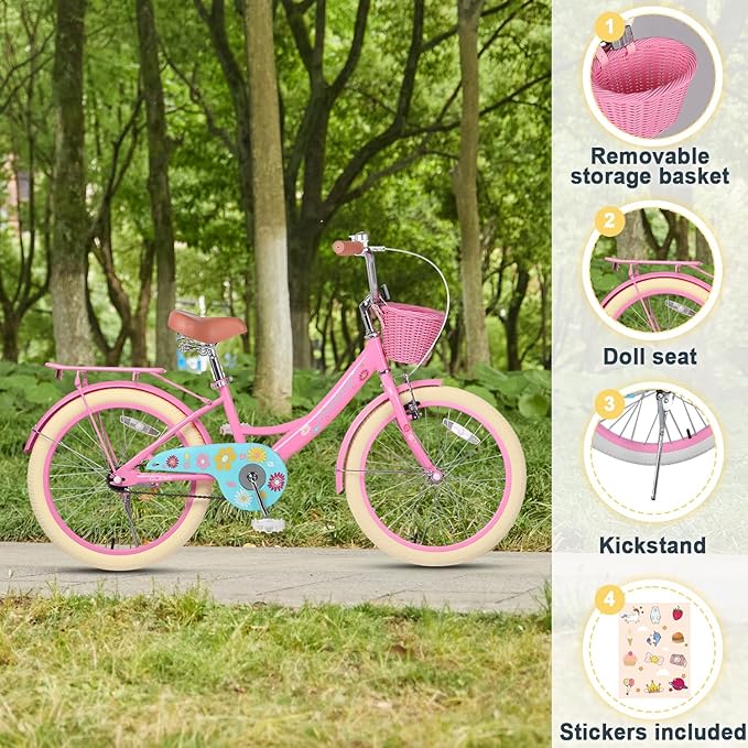 Glerc Maggie Girls Bike, 12-20 Inch Kids Bike for 2-13 Years Old Children, Princess Style Kids Bicycle with Doll-Seat & Basket & Training Wheels, Multiple Colors