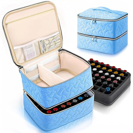 DreamGenius Nail Polish Organizer Case Holds 42 Bottles, Portable Double-Layer Nail Polish Storage Bag with Adjustable Dividers for Manicure Tools, Light Blue