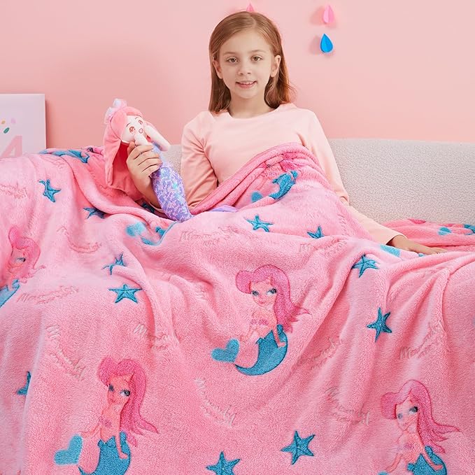 Glow in The Dark Mermaid Blanket,Mermaid Gifts Toys for Girls, Birthday Presents Decor for Kids Age 3-14 Year Old Daughter Teen Child Toddler Luminous Christmas Bedroom Throw Blanket 50"x60"