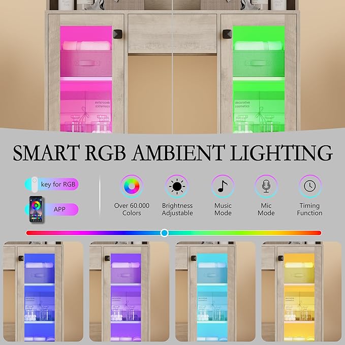 Vanity Desk with Mirror and Lights, Small Makeup Vanity Table with RGB Storage Cabinet & Power Strips & Shelves, 3 Lighting Modes & Adjustable Brightness, Dressing Table for Women Girls Bedroom, Grey