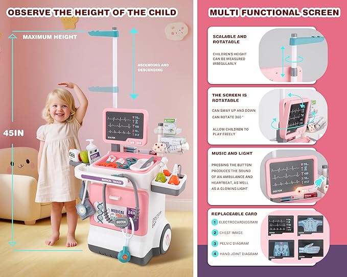 Doctor Kit for Toddlers - Deluxe Pretend Play Medical Cart Toy Set with Stethoscope ,Thermometer,Doctor Costume & Carry Bag - Educational Role Play Gift for Kids Boys & Girls Ages 3 4 5（Pink）