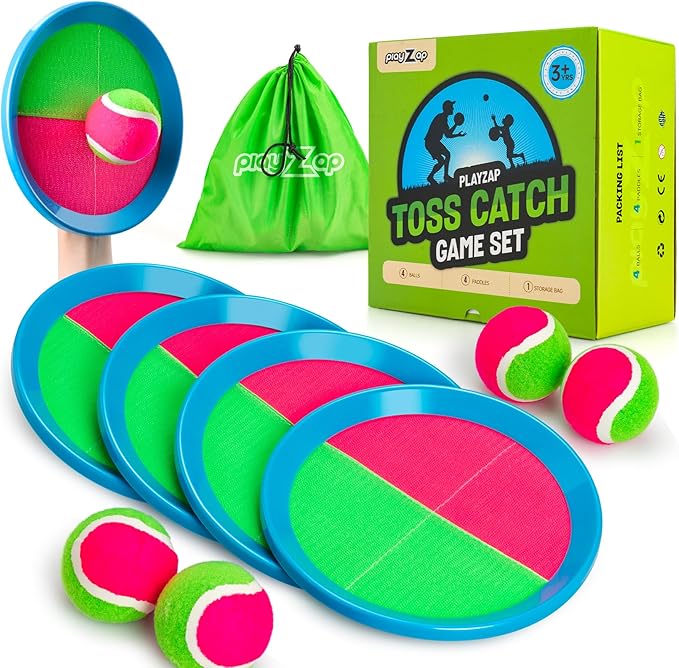 PlayZap Toss and Catch Ball Set Ultra Sturdy ABS - Family Games Christmas Stocking Stuffers Gift for Toddlers Kids Teens Boys Girls 3-5 5-8 8-13+ Yrs - Baseball Toys for Beach Pool Yard Outdoor 4 Pack