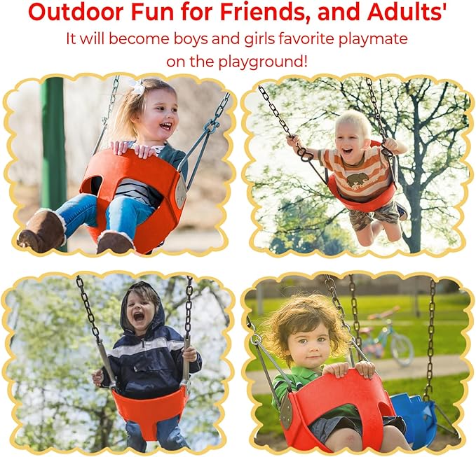 AGPTEK High Back Full Bucket Toddler Swing Seat Infant Swing with Yellow Coated Swing Chains and Carabiners Baby Swing Outdoor for Easy Install(Red)