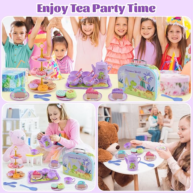 Motiloo 41 Pcs Dinosaurs Kids Tea Party Set with Carrying Case & Sweet Treats Playset - Pretend Toy Tin Tea Set for Little Girls - Princess Tea Time Pretend Play Tea Set Toys