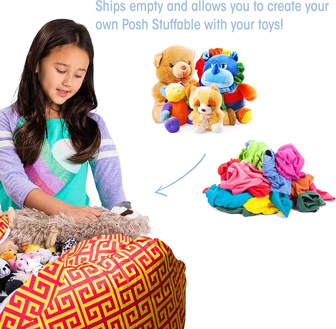 Posh Stuffable Kids Stuffed Animal Storage Bean Bag Chair Cover - Childrens Toy Organizer, Medium 27" - Pattern Scrolls Red and Yellow