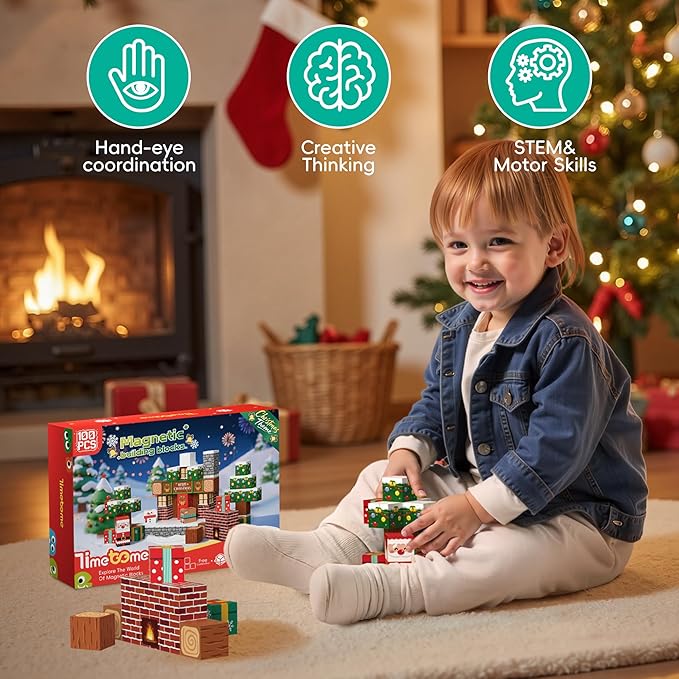 Magnetic Blocks, 100PCS Magnetic Building Block Cubes, STEM Montessori Sensory Toys for Kids Boys Girls Ages 3 4 5 6 7 8 9 10 (Christmas Version)