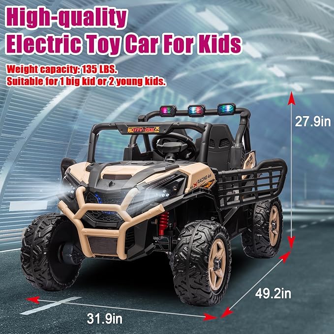 24V 2-Seater Ride On Toys 4x4 Ride On Buggy with Remote Control Battery Powered Kids Electric Car Off-Road Vehicles Side by Side UTV OutDoor Grass Colorful LED Lights for Boys and Girls, Yellow
