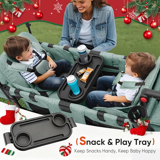Sekey Wagon Stroller for 2 Kids, Luxury 4-in-1 Stroller Wagon - Premium Quality with Convertible Seats, Adjustable Push Handles, Removable Canopy, Snack Tray & Cooler, US Certified. Green