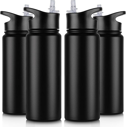 24 oz Insulated Water Bottle Bulk 4 Pack, Stainless Steel Sports Water Bottles with Straw Lid & Wide Mouth Lids, Double Walled Vacuum, Leak Proof, Black
