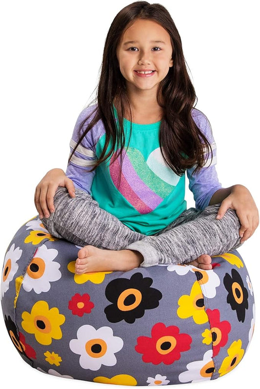 Posh Stuffable Kids Stuffed Animal Storage Bean Bag Chair Cover - Childrens Toy Organizer, Medium 27" - Canvas Multicolored Flowers on Gray