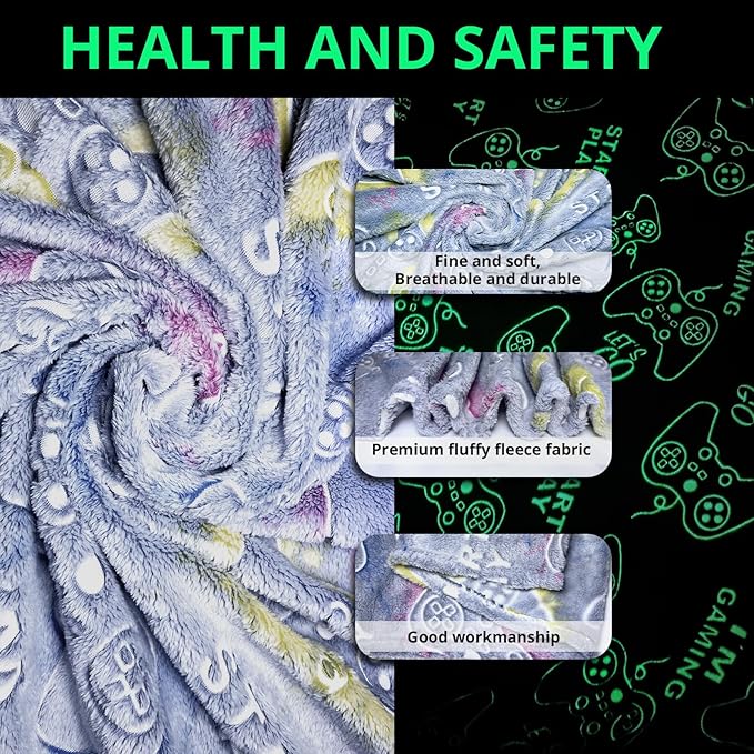 Wesan Gaming Gamer Glow in The Dark Blanket Boys Teens Gifts for Birthday Christmas Easter Video Game Gamepad Presents Fun Fluffy Plush Throw Gray 60"x80"