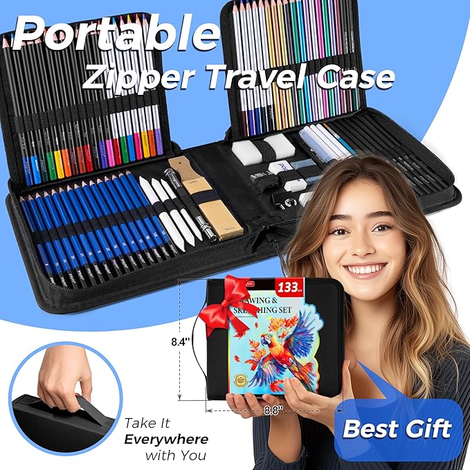133 Pack Drawing Set Sketching Kit, Pro Art Supplies with Sketch Book, Coloring Book, Watercolor Pad, Black Paper Pad, Graphite Colored Charcoal Watercolor & Metallic Pencils, for Artists Adults Kids