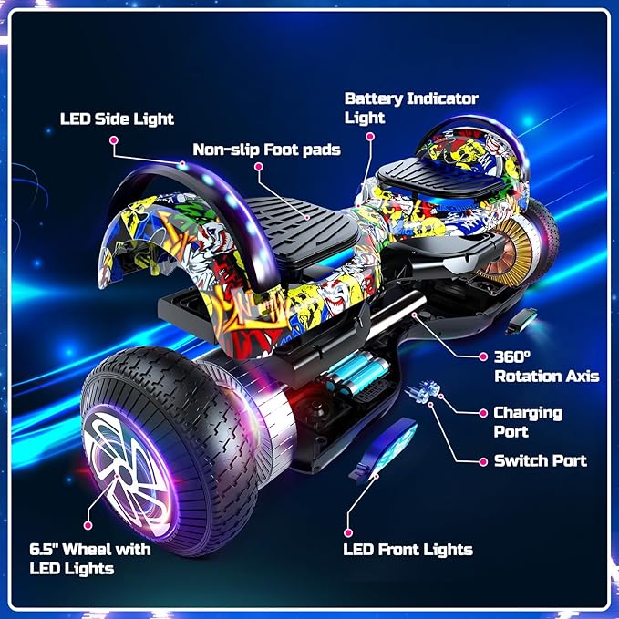 Scooter with Seat Attachment for Kids Adults, 6.5'' 8.5''Balancing Scooter with Bluetooth Speakers & Colorful LED Light with Kart