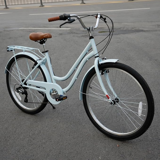 HILAND 26 inch Beach Cruiser Bike for Men and Women, 7 Speed Step-Through Frame Adult Bicycle with Rear Rack, Retrospec Bike Commuter City Bicycle