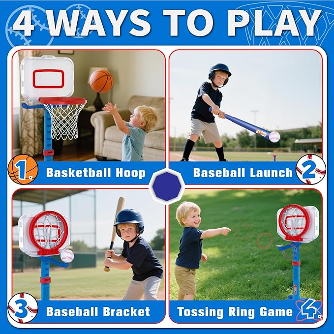 Toddler Basketball Hoop & Baseball Toy Set - Sturdy Adjustable Basketball Stand with Ball Launcher - Multi-Sport Backyard Toy for Boys & Girls Ages 1 2 3 - Includes Basketballs & Baseballs